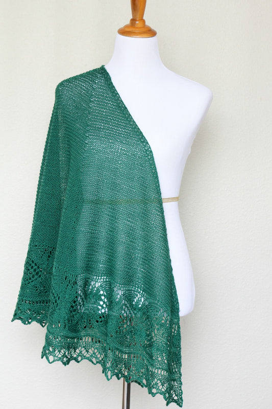 Knit shawl with laced border in forest green color
