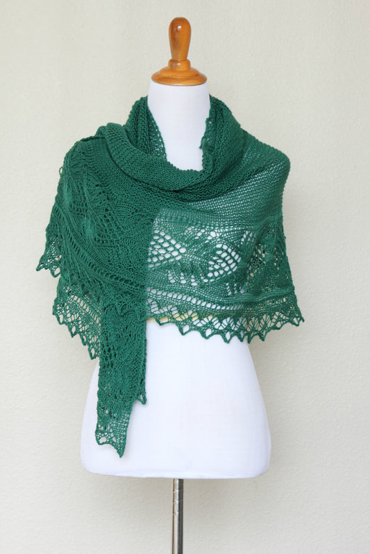 Knit shawl with laced border in forest green color