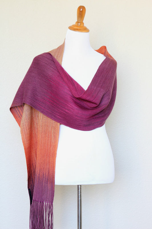 Woven scarf in fuchsia, orange and beige colors, gift for her