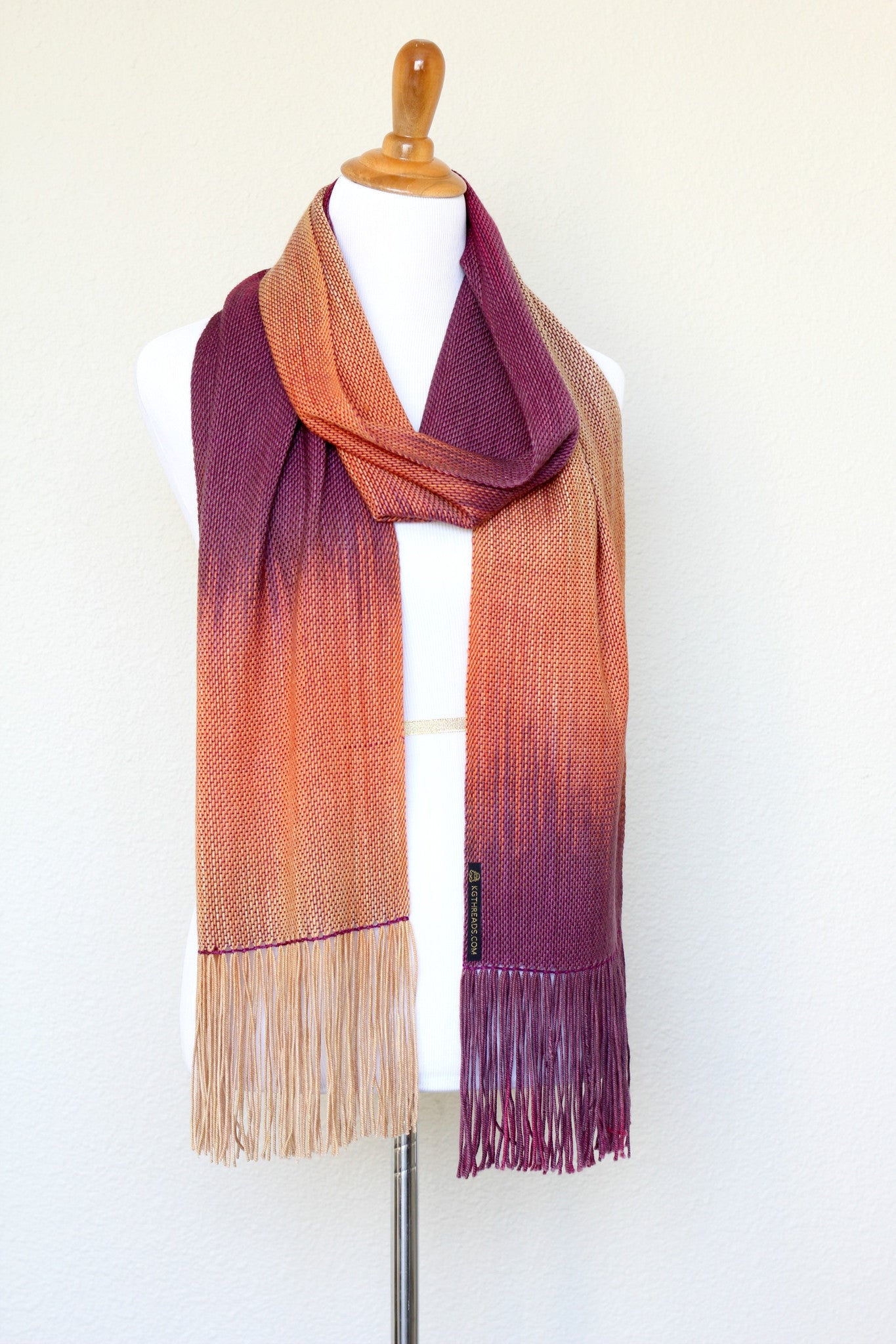 Woven scarf in fuchsia, orange and beige colors, gift for her