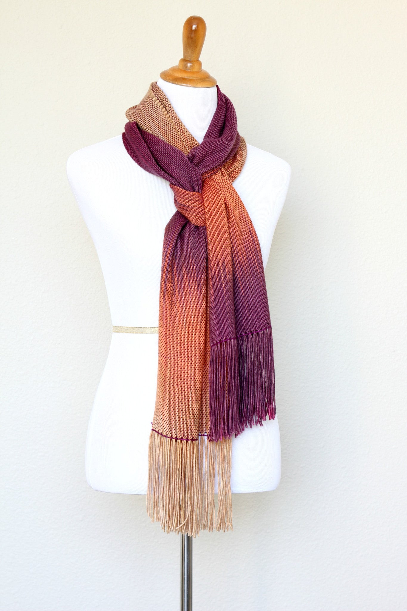 Woven scarf in fuchsia, orange and beige colors, gift for her