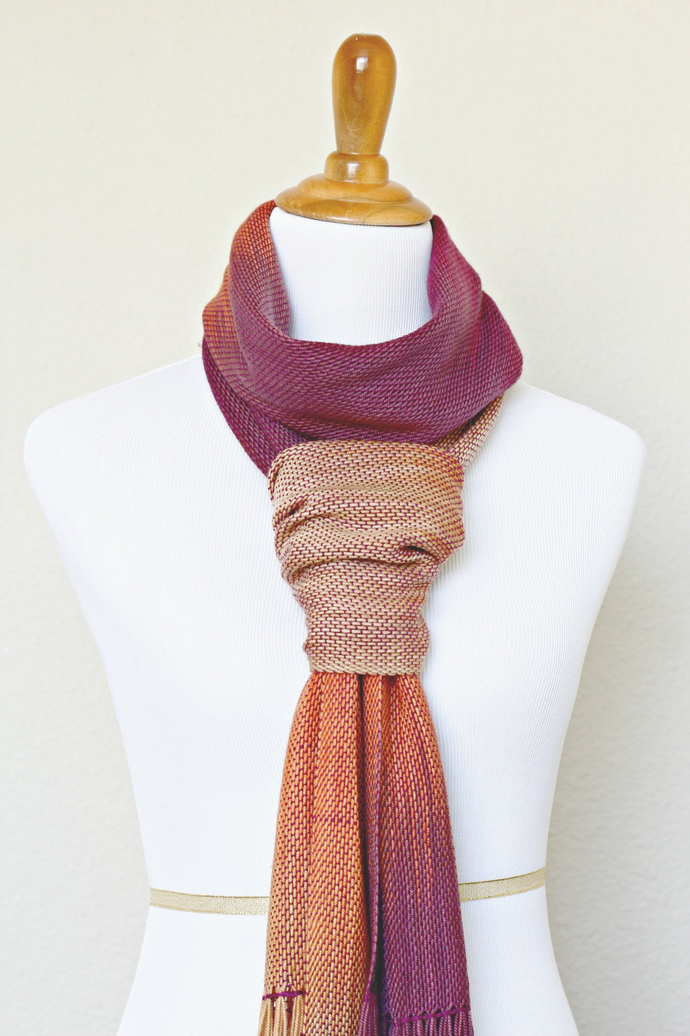 Woven scarf in fuchsia, orange and beige colors, gift for her