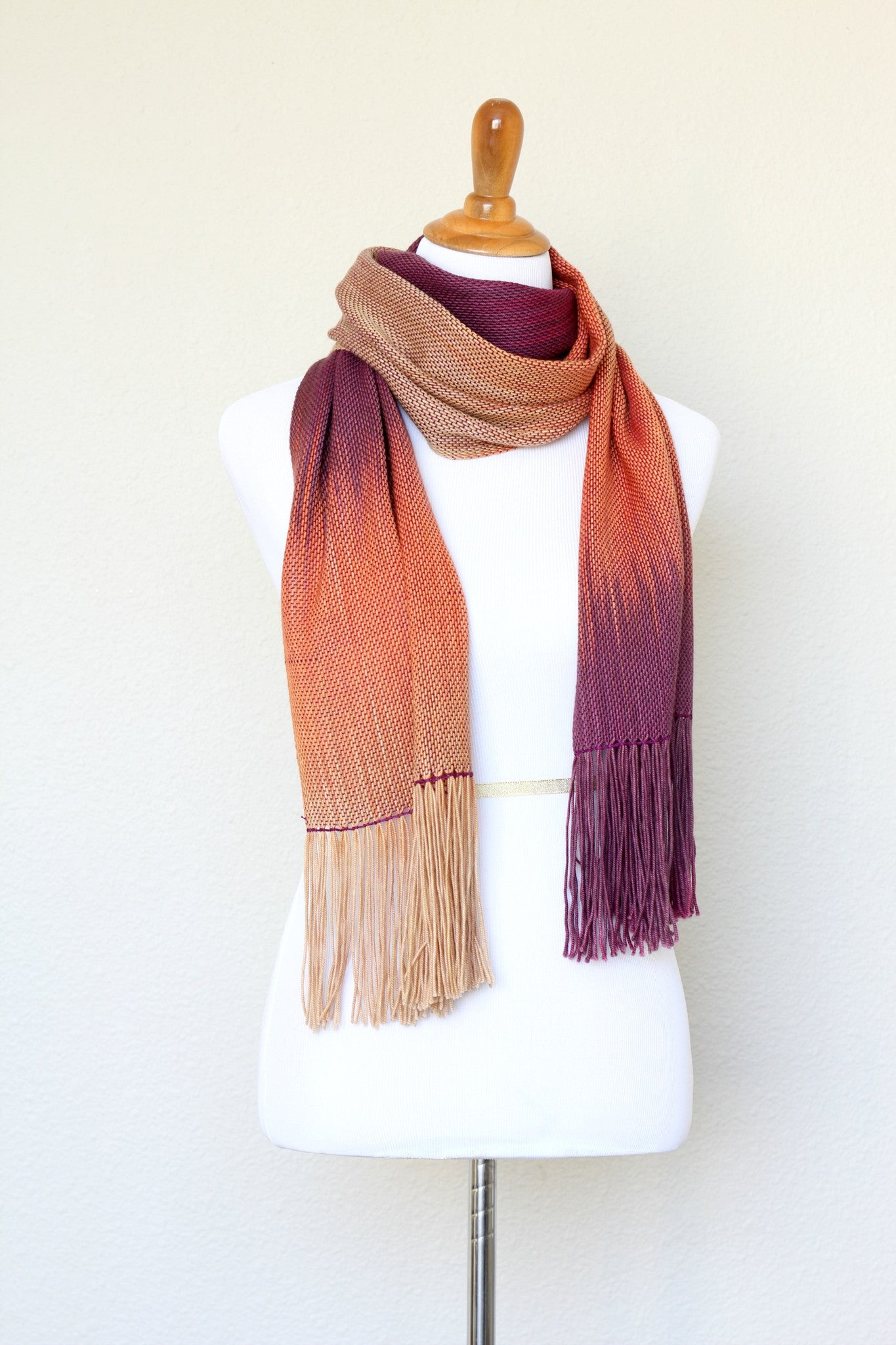 Woven scarf in fuchsia, orange and beige colors, gift for her
