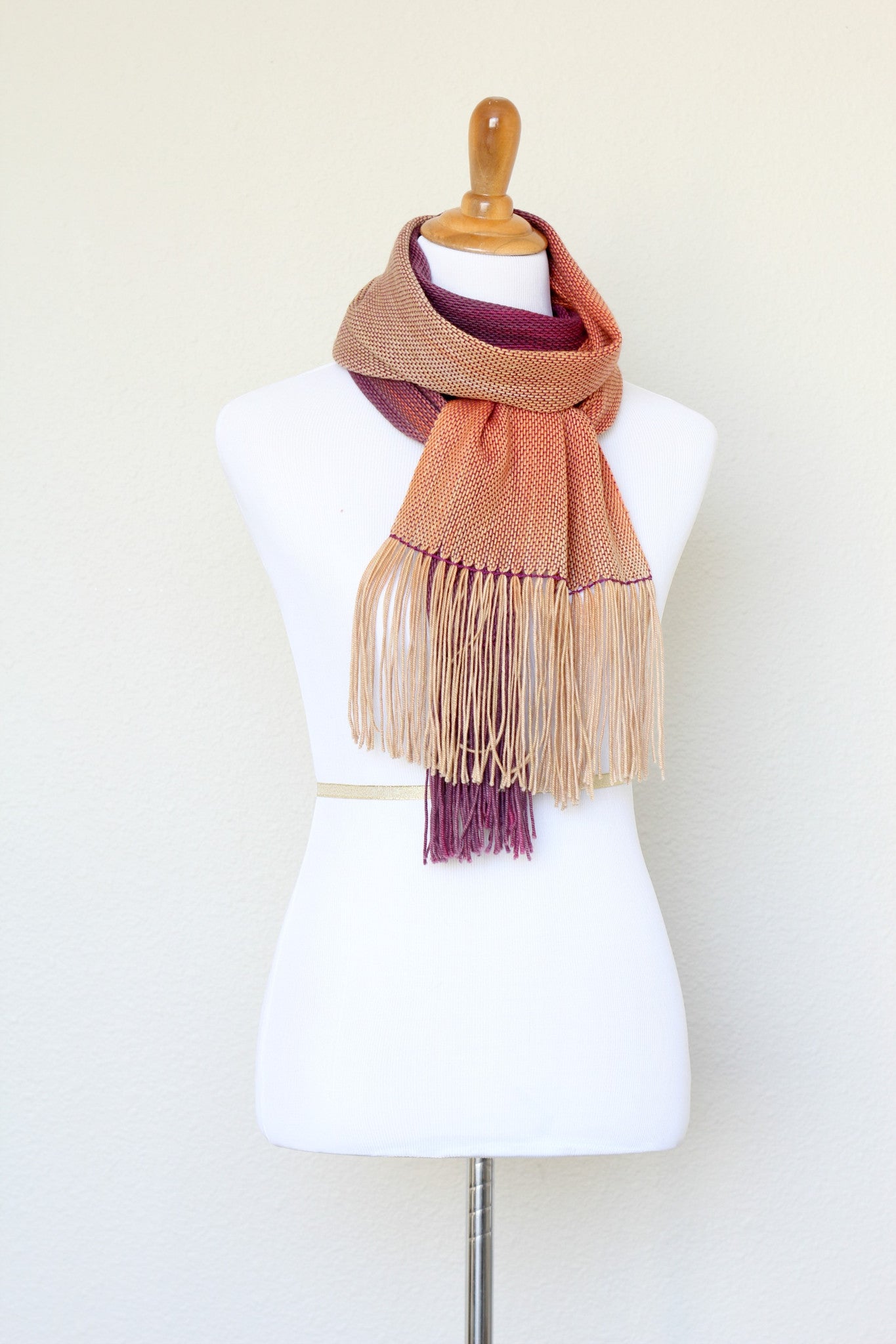 Woven scarf in fuchsia, orange and beige colors, gift for her
