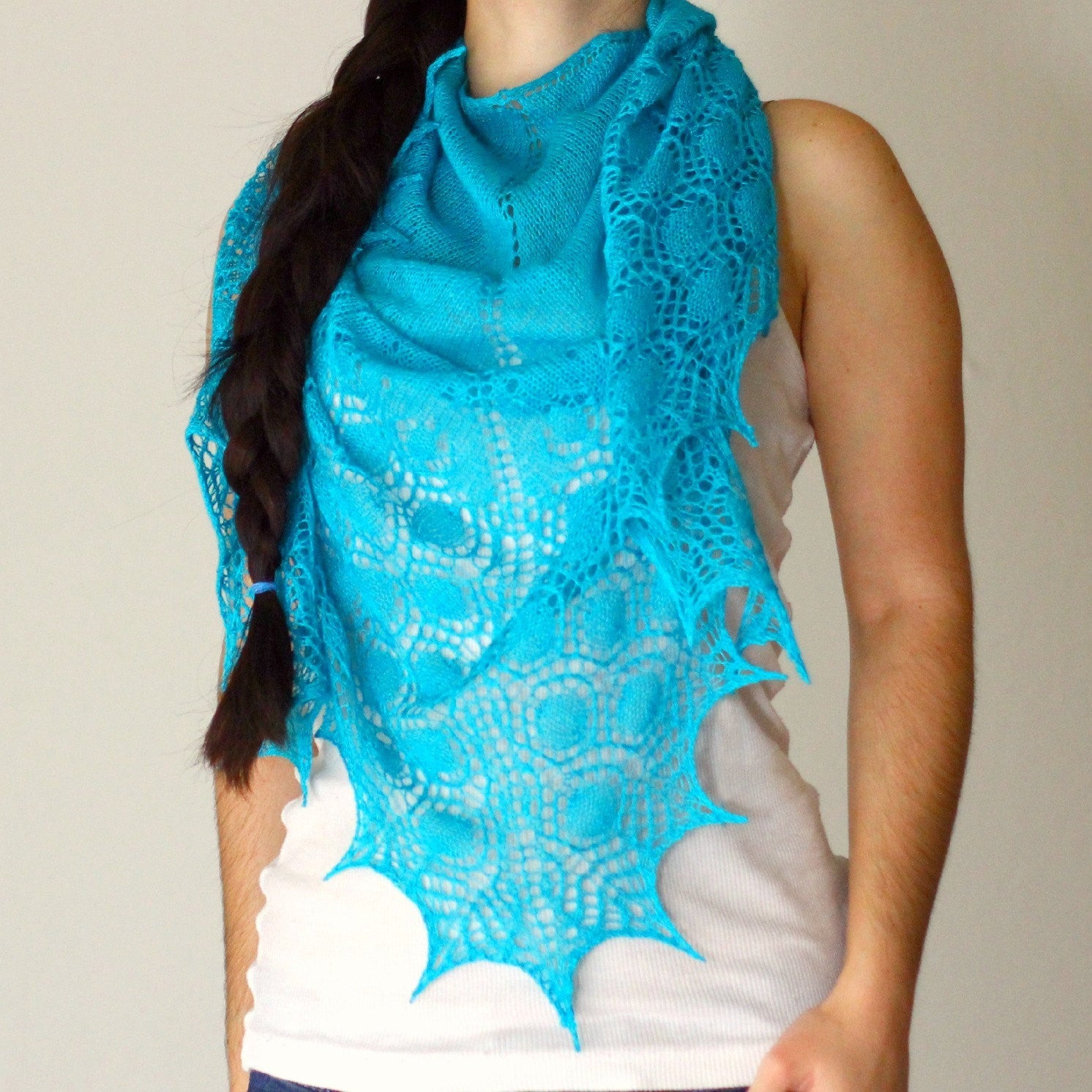 Knit shawl in turquoise color, lace shawl, gift for her (25 colors available)