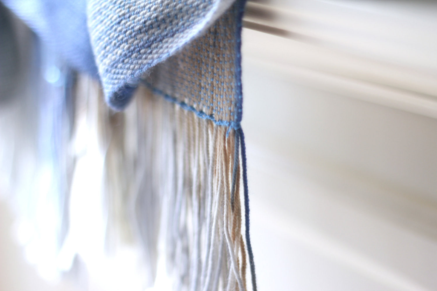 Hand woven scarf in blue and white colors, gift for her