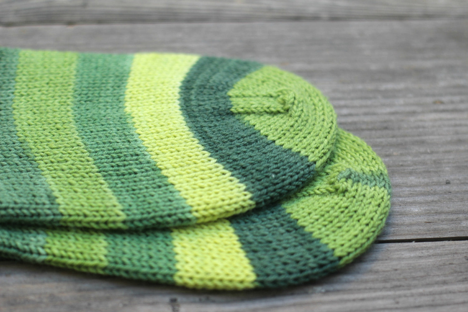 Knit green socks made with striped wool for women - KGThreads