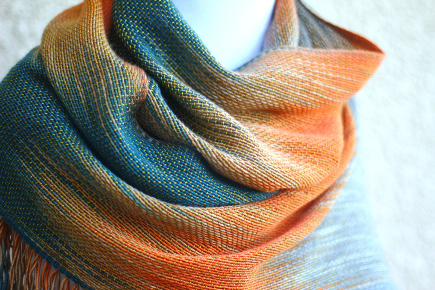Hand woven long scarf gradient color teal beige gray orange long with fringe