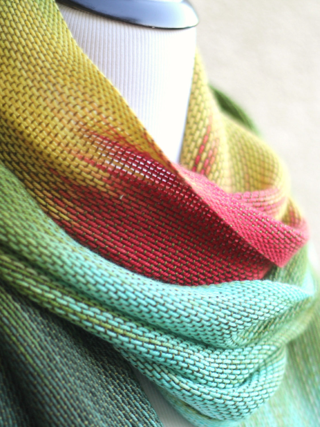 Hand woven long scarf gradient color green mint yellow red with fringe