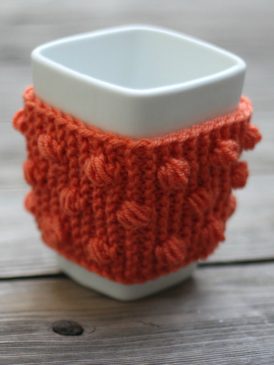 Knit mug cozy with nupps orange carrot cup cozy, bobbles cup cozy knitted cup cozy
