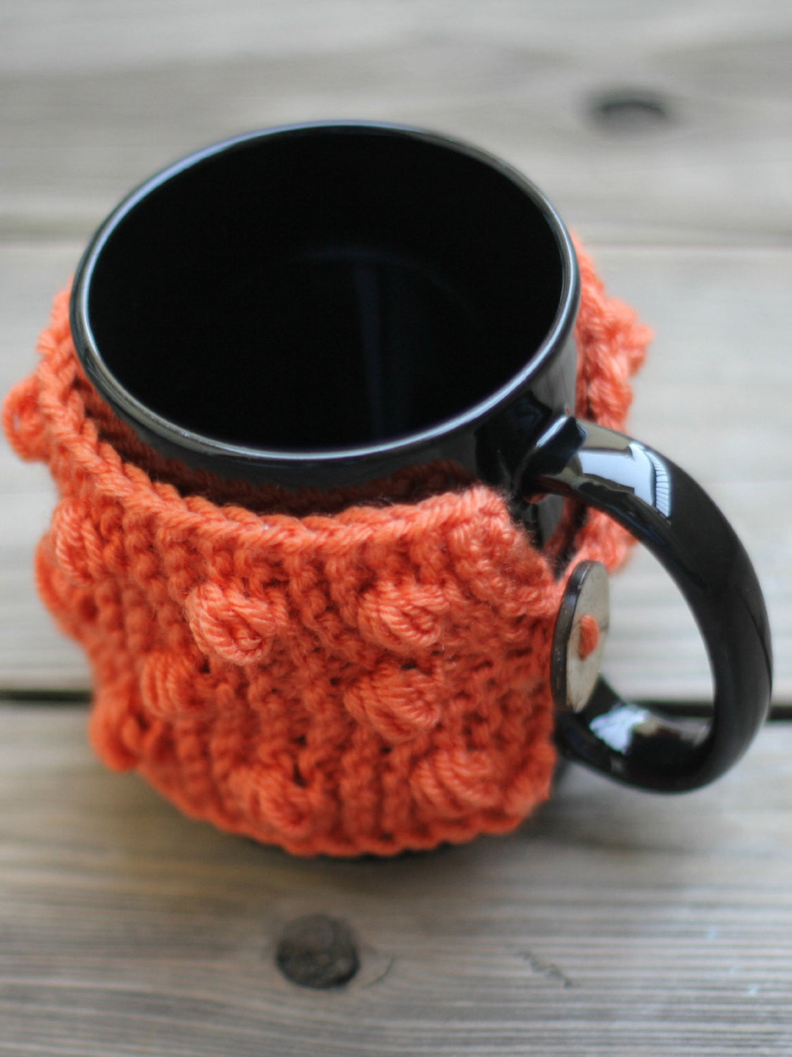 Knit mug cozy with nupps orange carrot cup cozy, bobbles cup cozy knitted cup cozy
