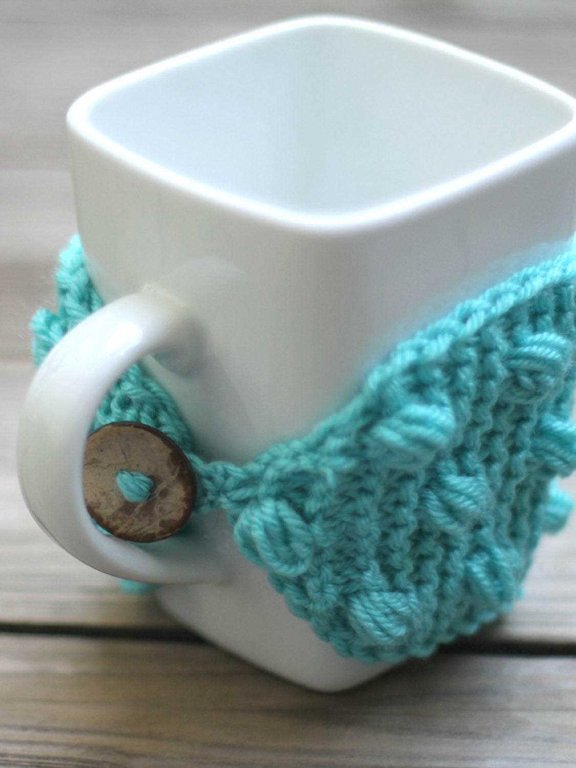 Knit mug cozy with nupps aqua turquoise cup cozy, bobbles cup cozy knitted cup cozy