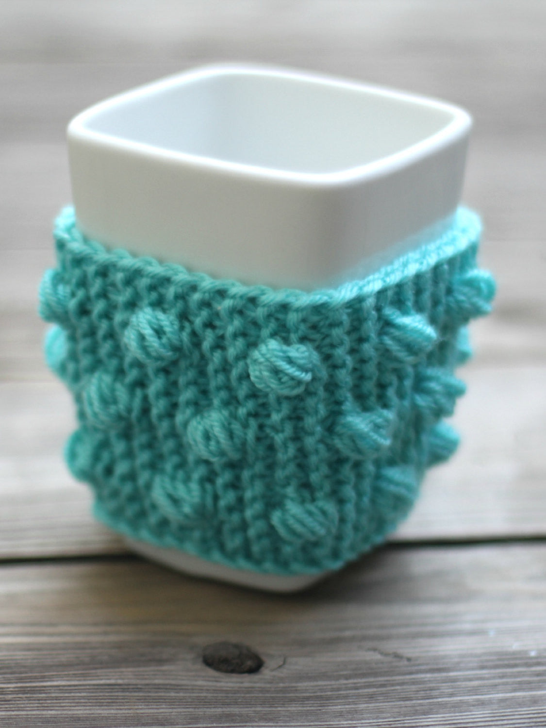Knit mug cozy with nupps aqua turquoise cup cozy, bobbles cup cozy knitted cup cozy