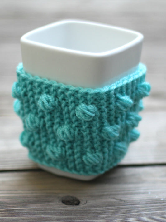 Knit mug cozy with nupps aqua turquoise cup cozy, bobbles cup cozy knitted cup cozy