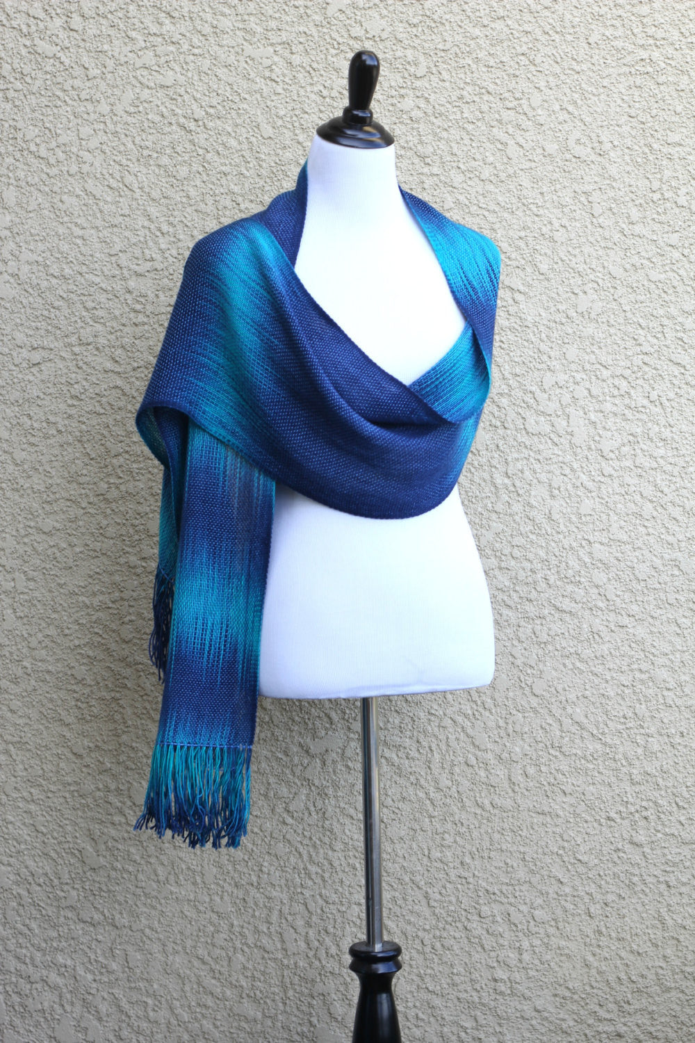 Woven scarf in blue and navy colors, gift for her