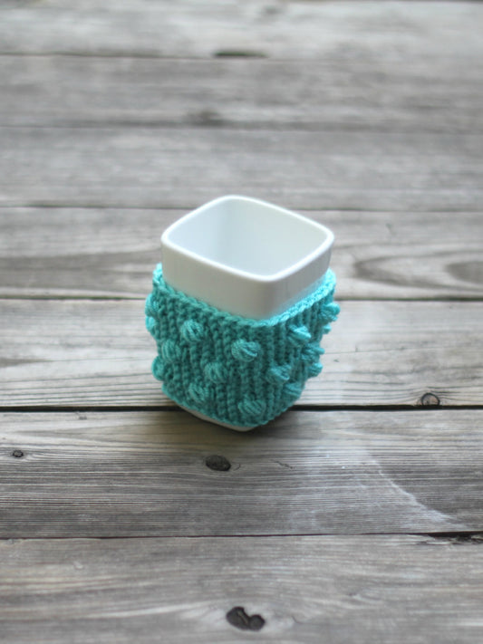 Knit mug cozy with nupps aqua turquoise cup cozy, bobbles cup cozy knitted cup cozy