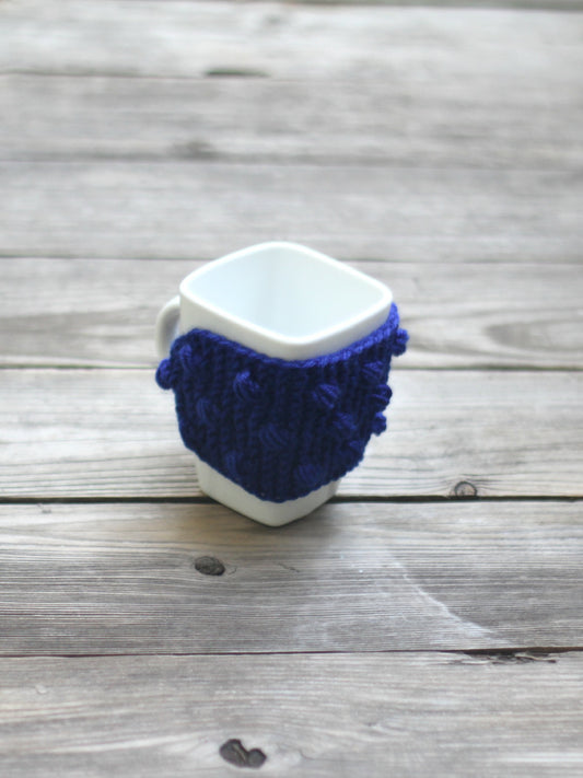 Knit mug cozy with nupps navy blue dark blue cup cozy, bobbles cup cozy knitted cup cozy