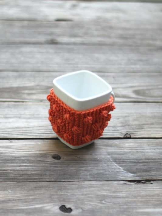 Knit mug cozy with nupps orange carrot cup cozy, bobbles cup cozy knitted cup cozy