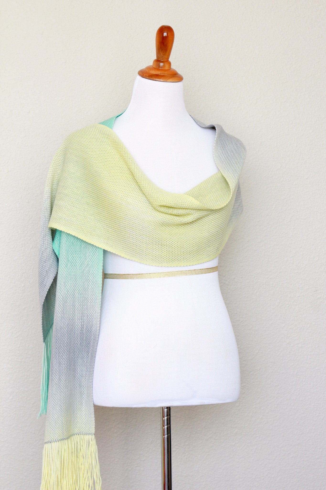 Woven scarf in yellow, green and grey colors