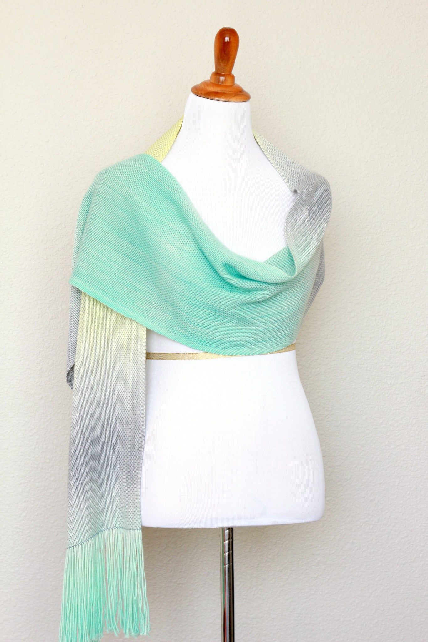 Woven scarf in yellow, green and grey colors