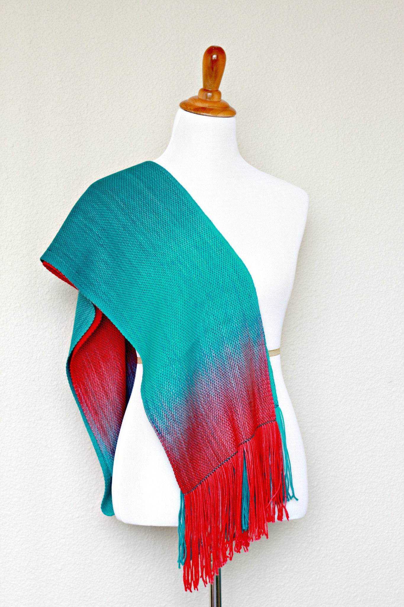 Woven scarf in teal and red colors, gift for her
