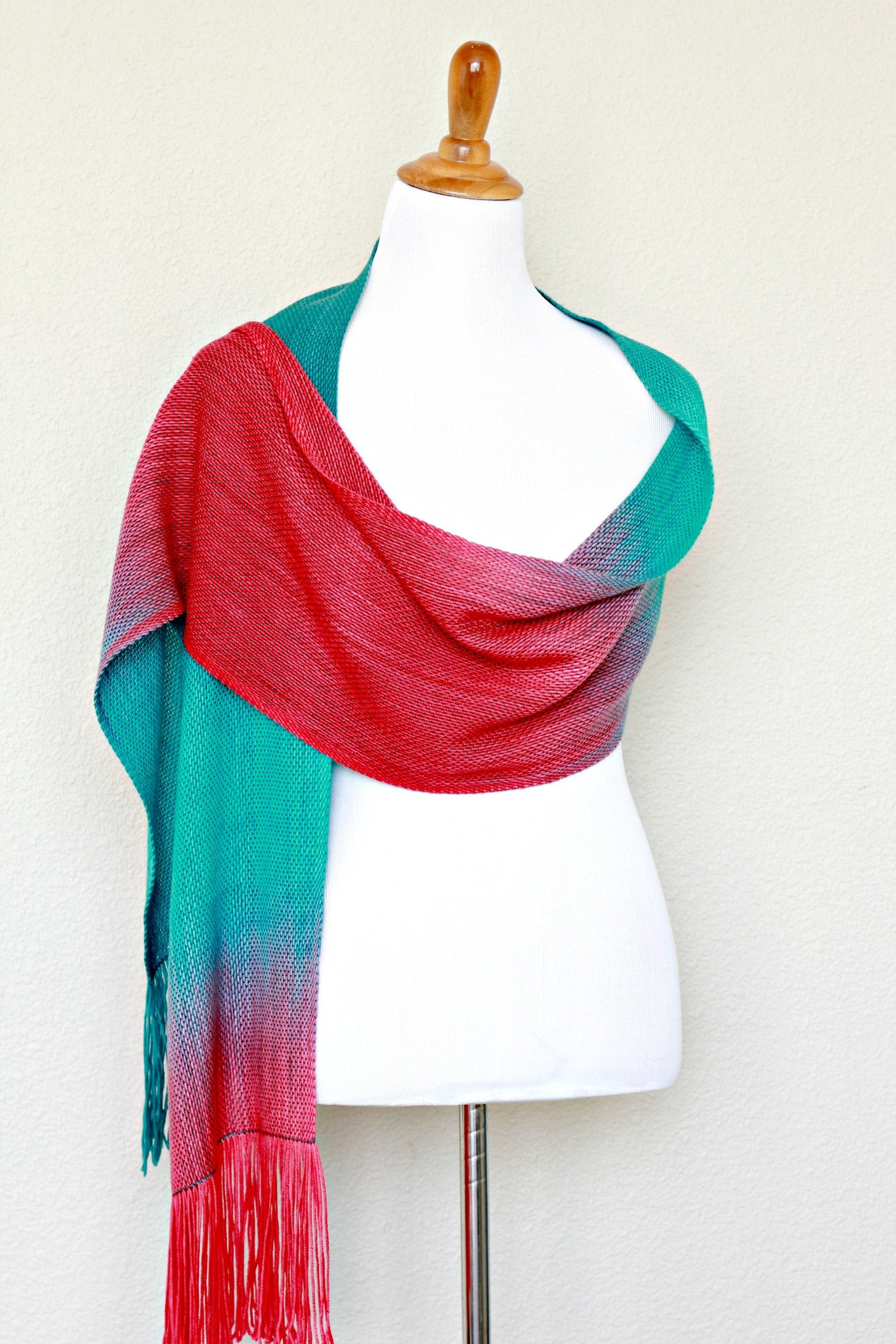 Woven scarf in teal and red colors, gift for her