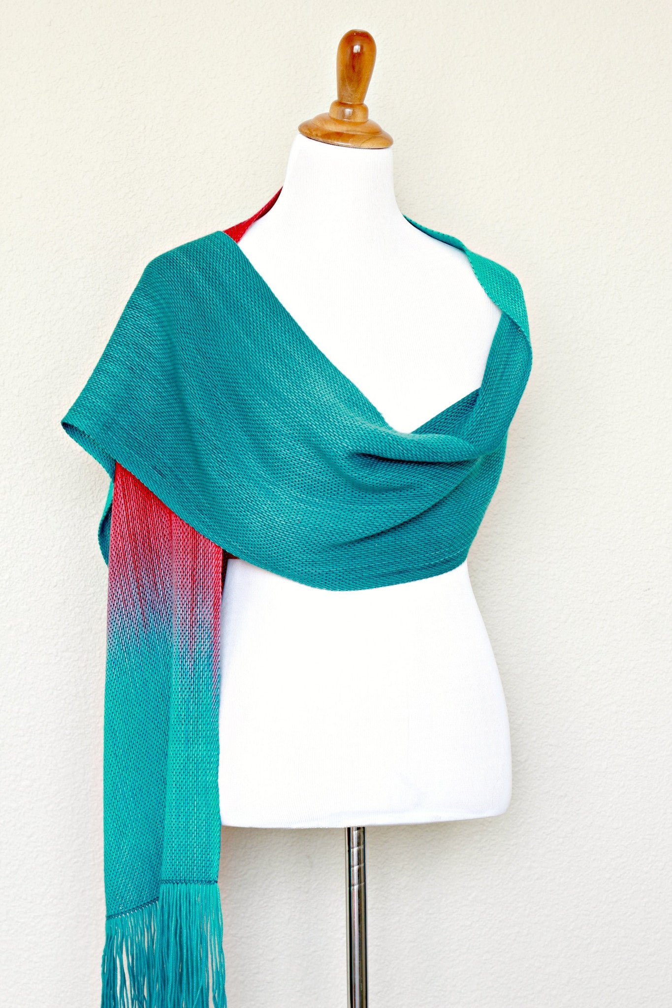 Woven scarf in teal and red colors, gift for her