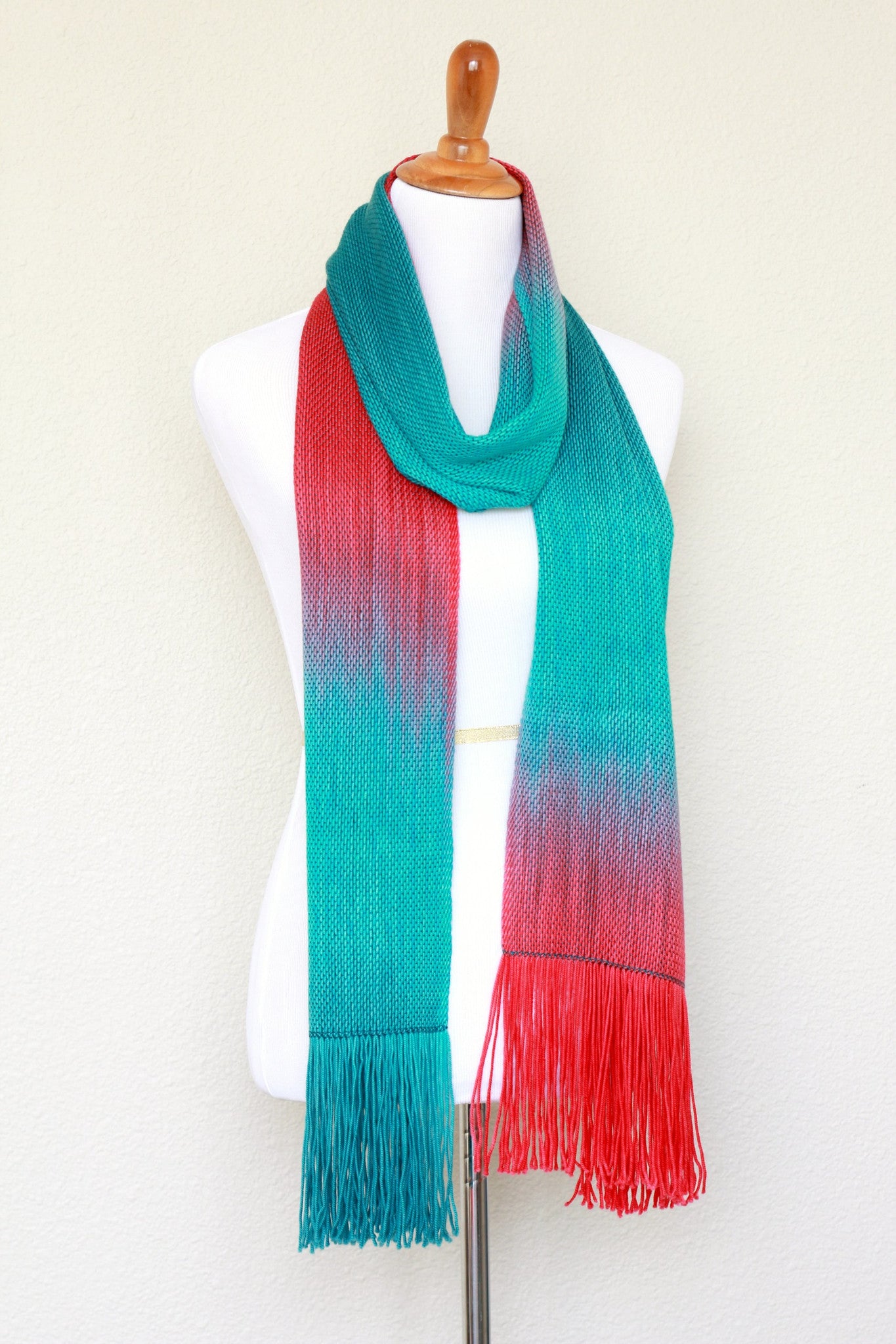 Woven scarf in teal and red colors, gift for her