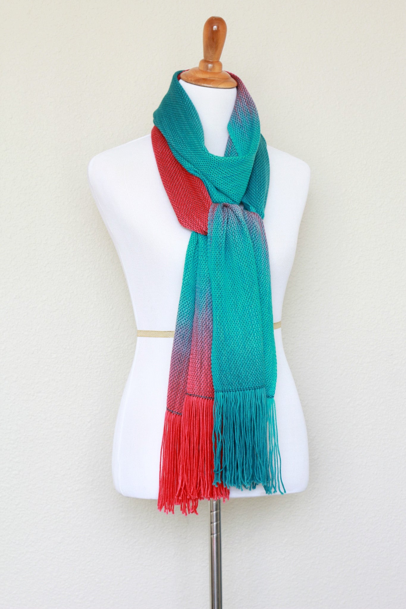 Woven scarf in teal and red colors, gift for her