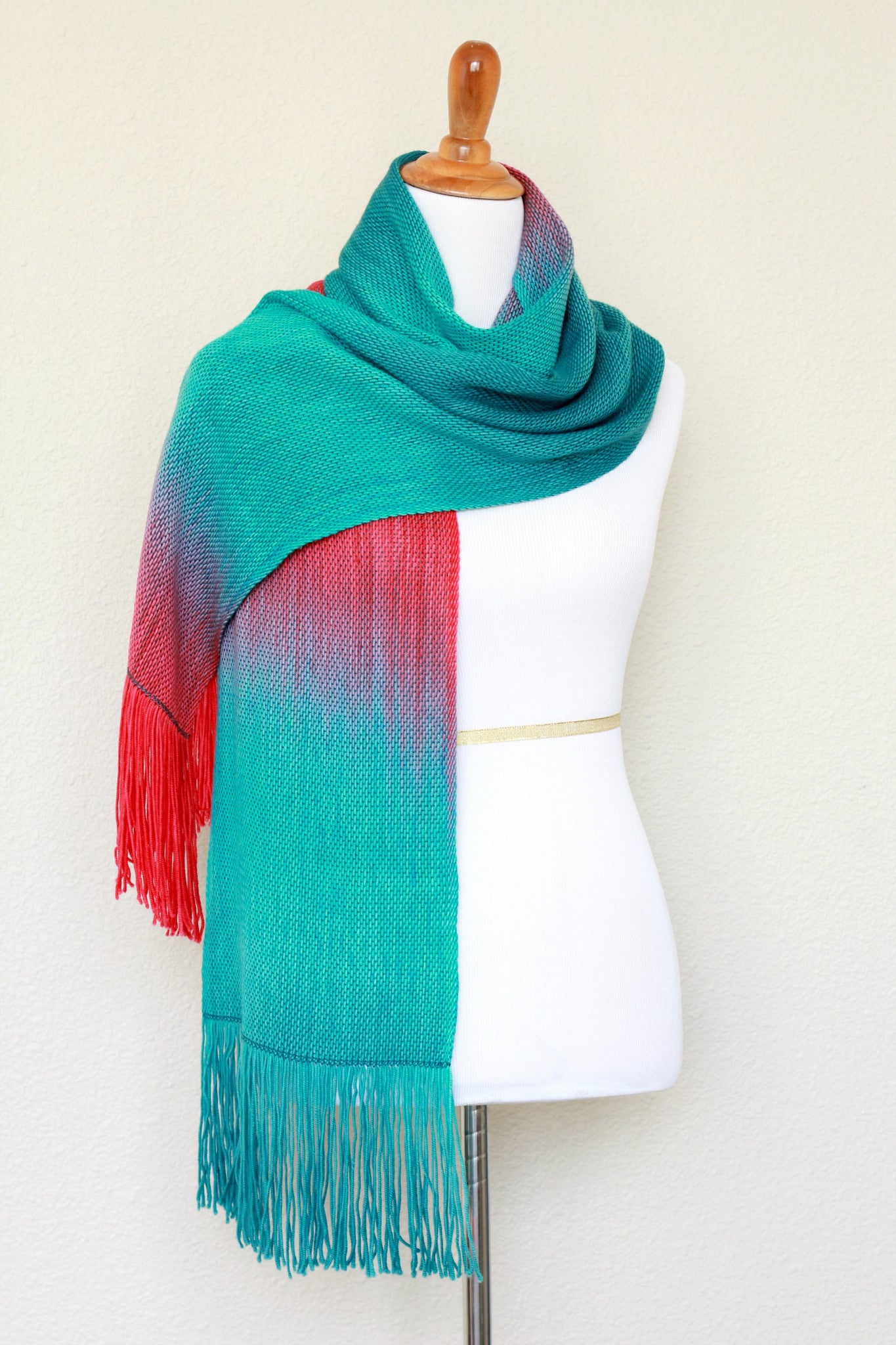 Woven scarf in teal and red colors, gift for her