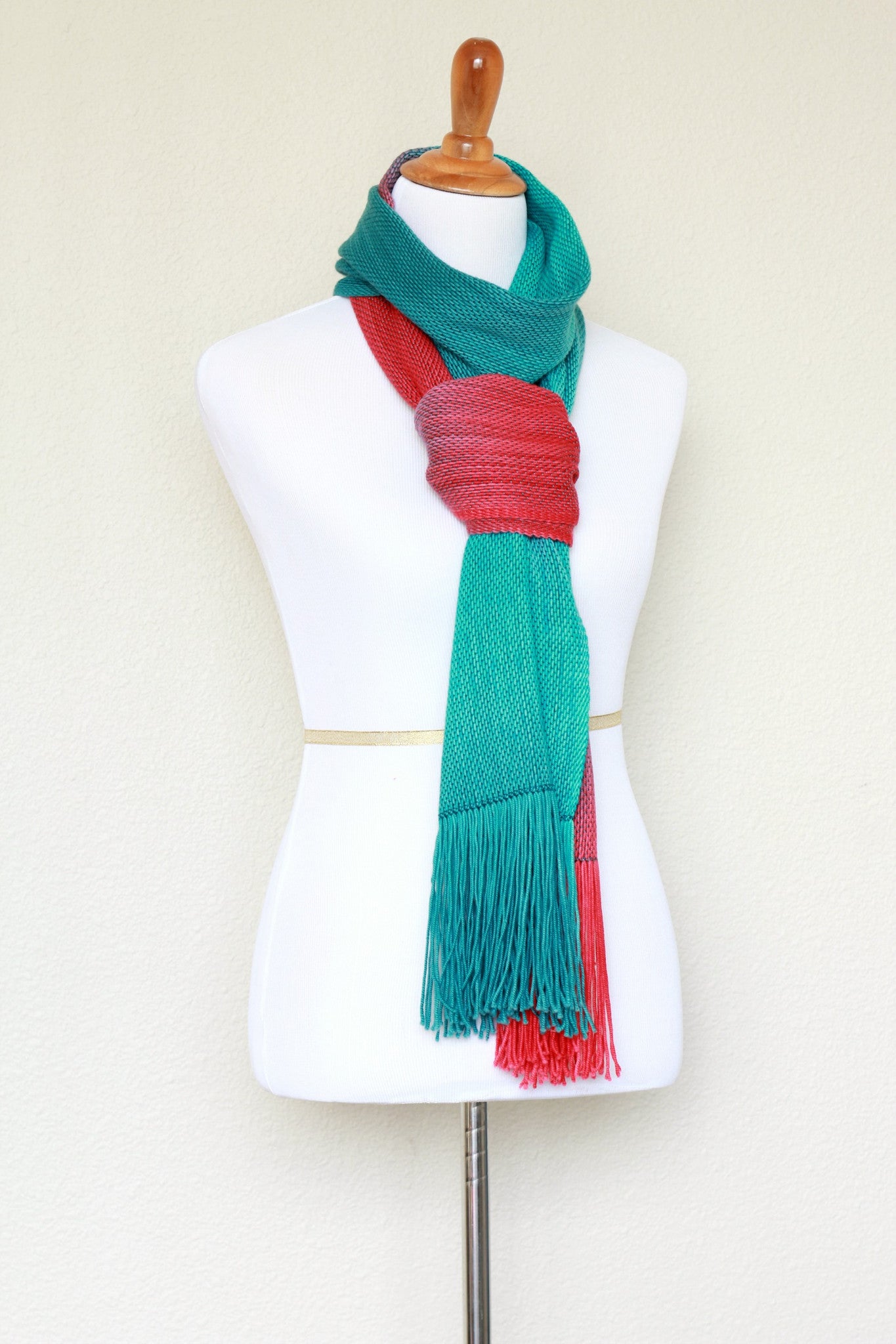 Woven scarf in teal and red colors, gift for her