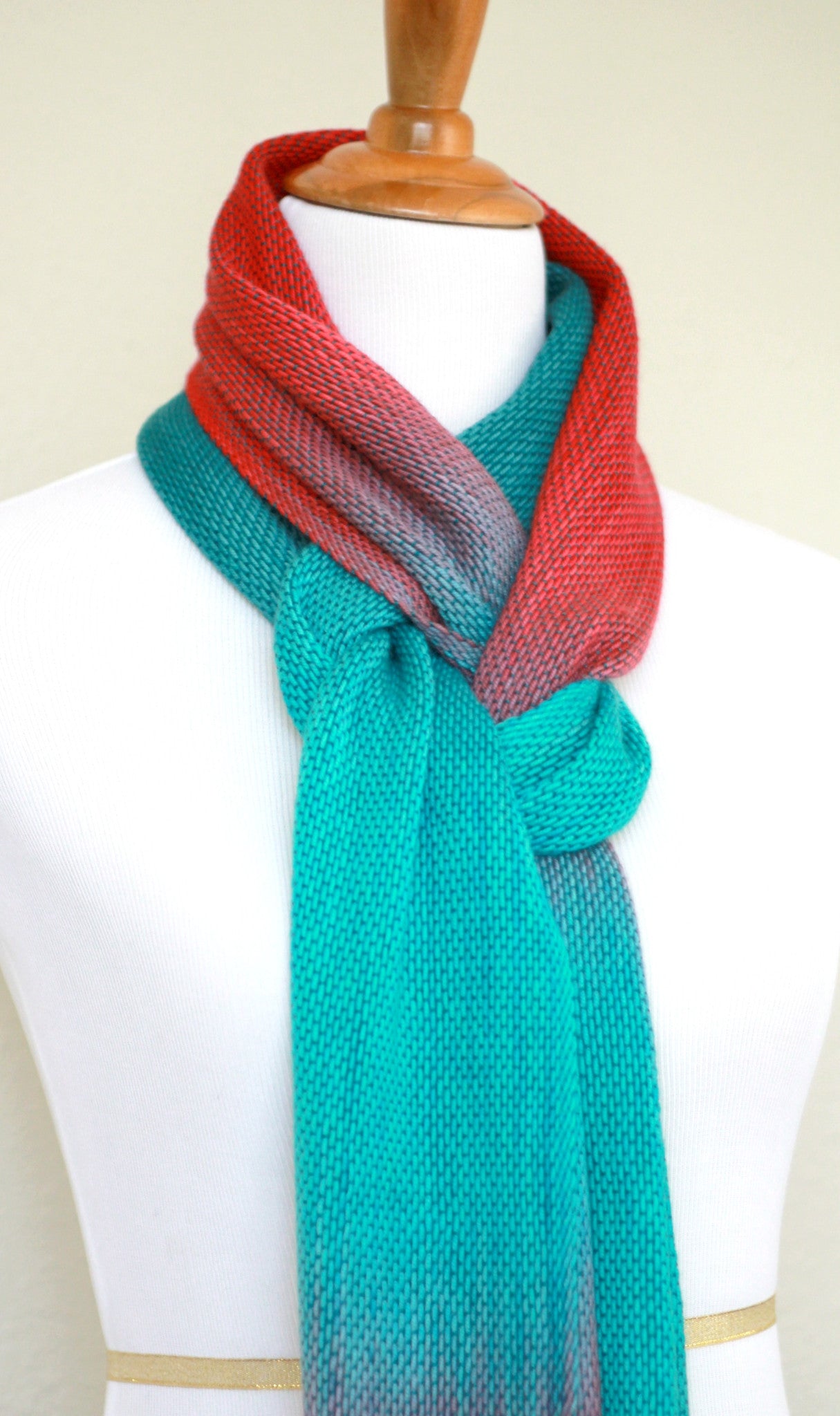 Woven scarf in teal and red colors, gift for her