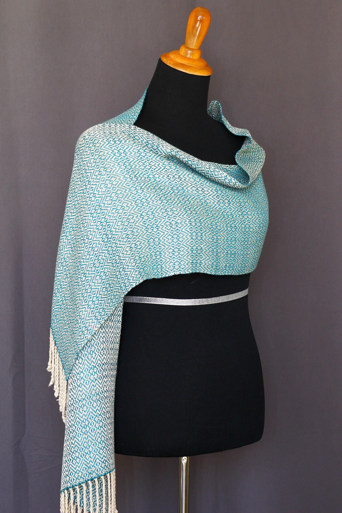 Woven scarf in teal and cream colors, bamboo scarf, summer scarf, long scarf with fringe