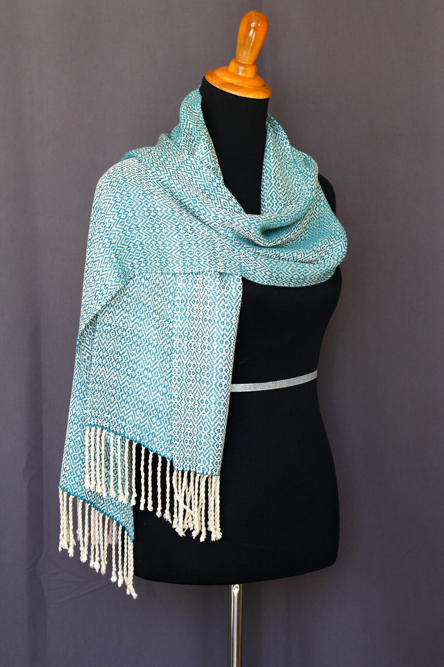 Woven scarf in teal and cream colors, bamboo scarf, summer scarf, long scarf with fringe