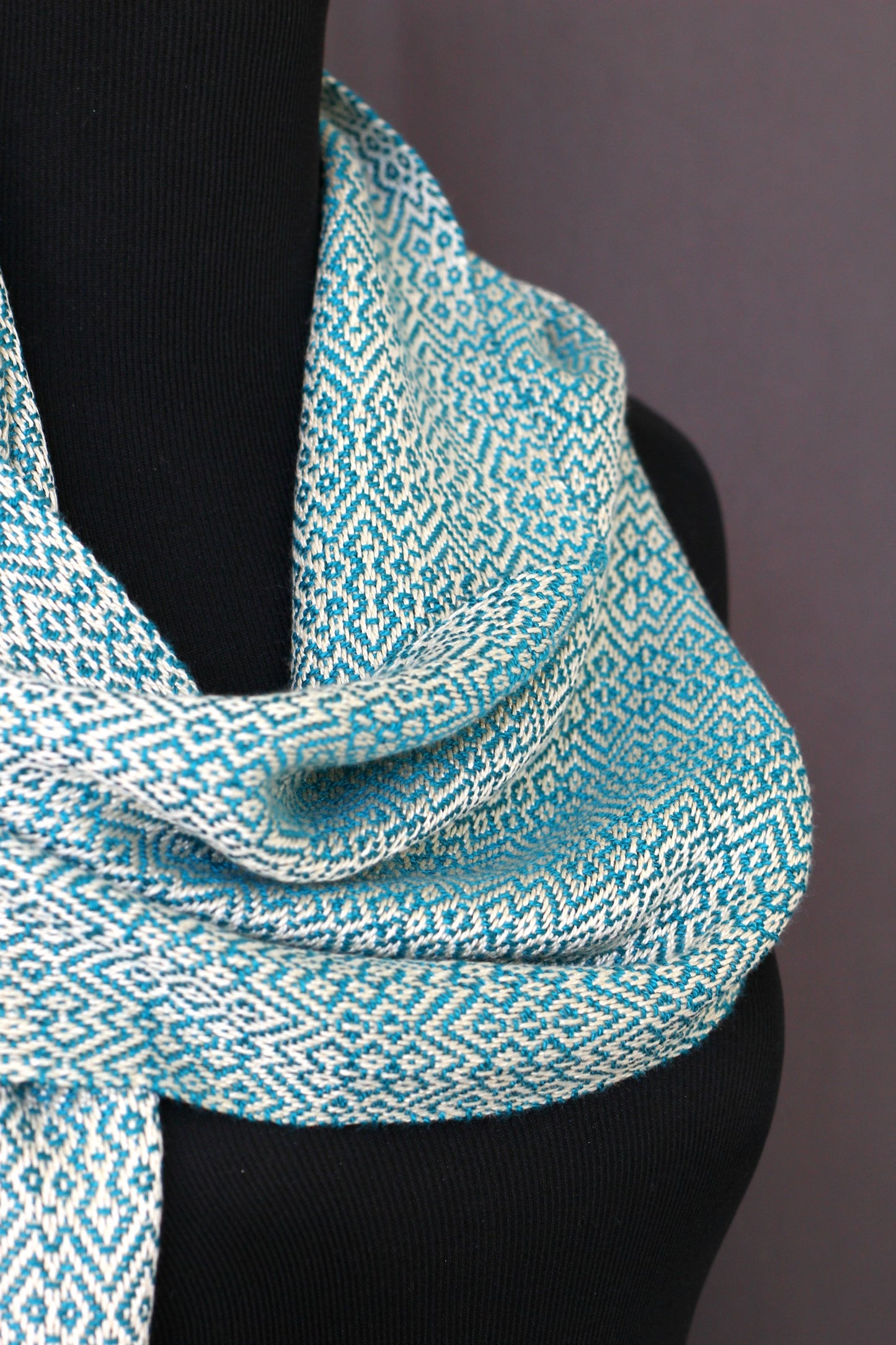 Woven scarf in teal and cream colors, bamboo scarf, summer scarf, long scarf with fringe