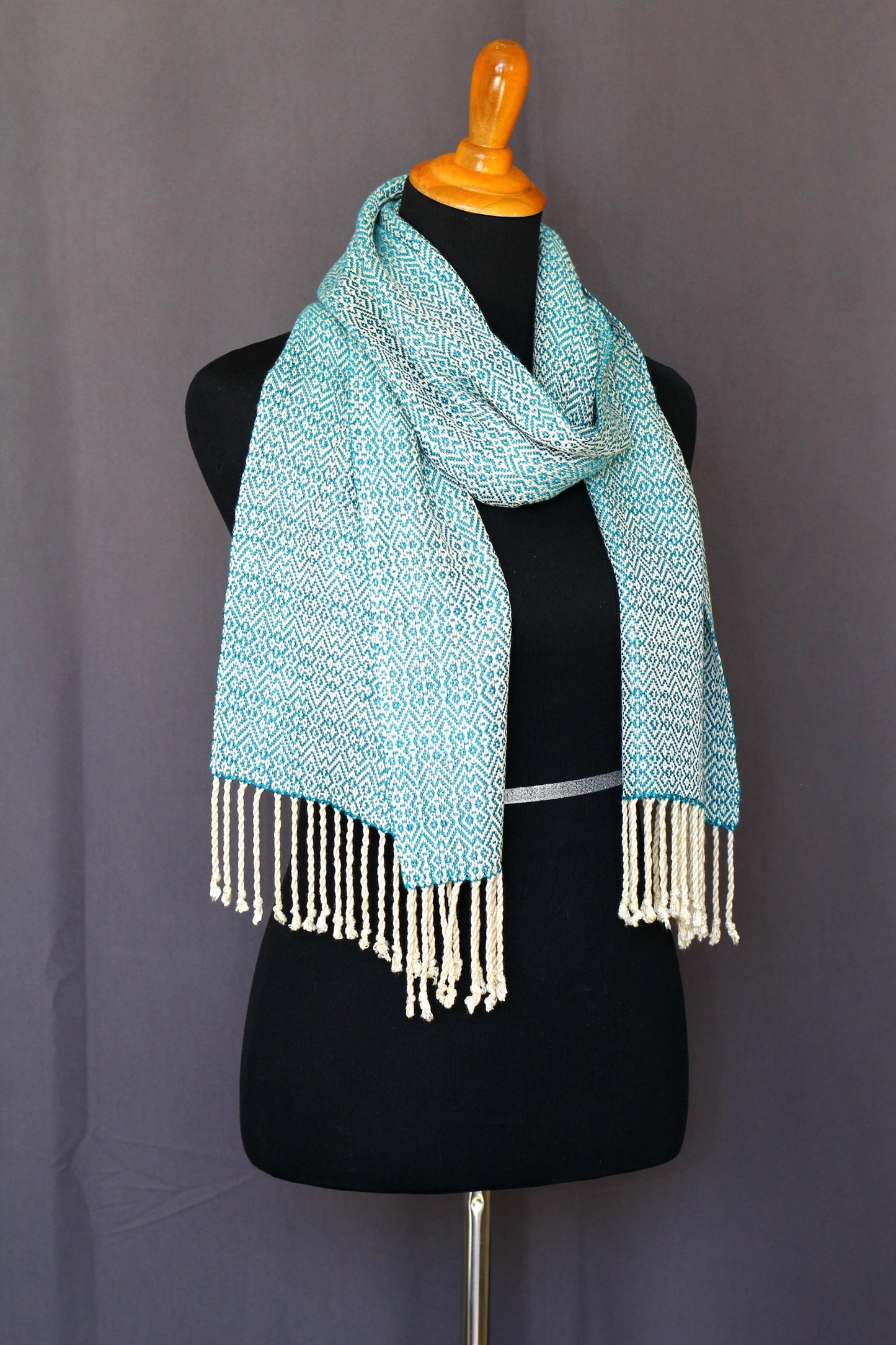 Woven scarf in teal and cream colors, bamboo scarf, summer scarf, long scarf with fringe