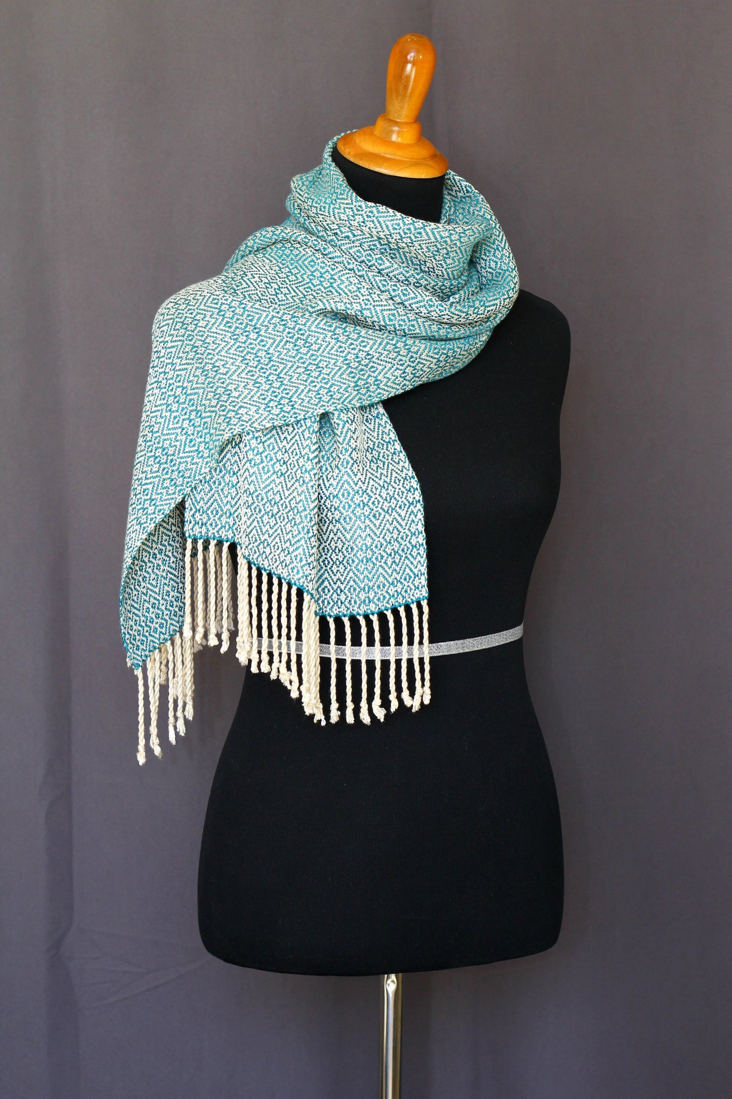 Woven scarf in teal and cream colors, bamboo scarf, summer scarf, long scarf with fringe