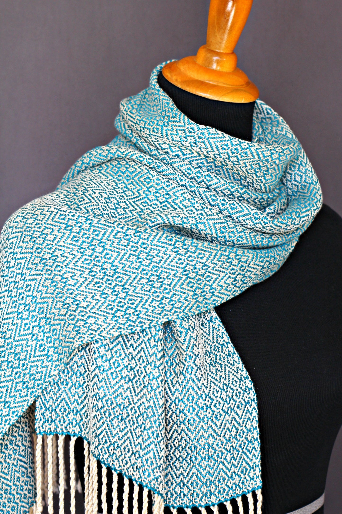 Woven scarf in teal and cream colors, bamboo scarf, summer scarf, long scarf with fringe