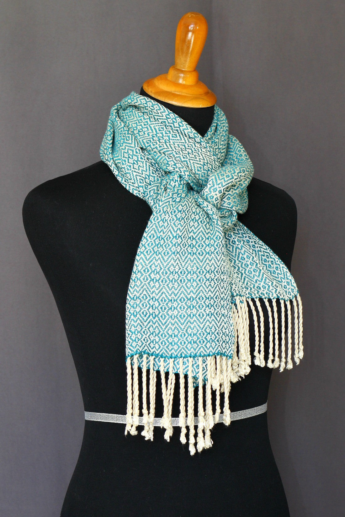 Woven scarf in teal and cream colors, bamboo scarf, summer scarf, long scarf with fringe