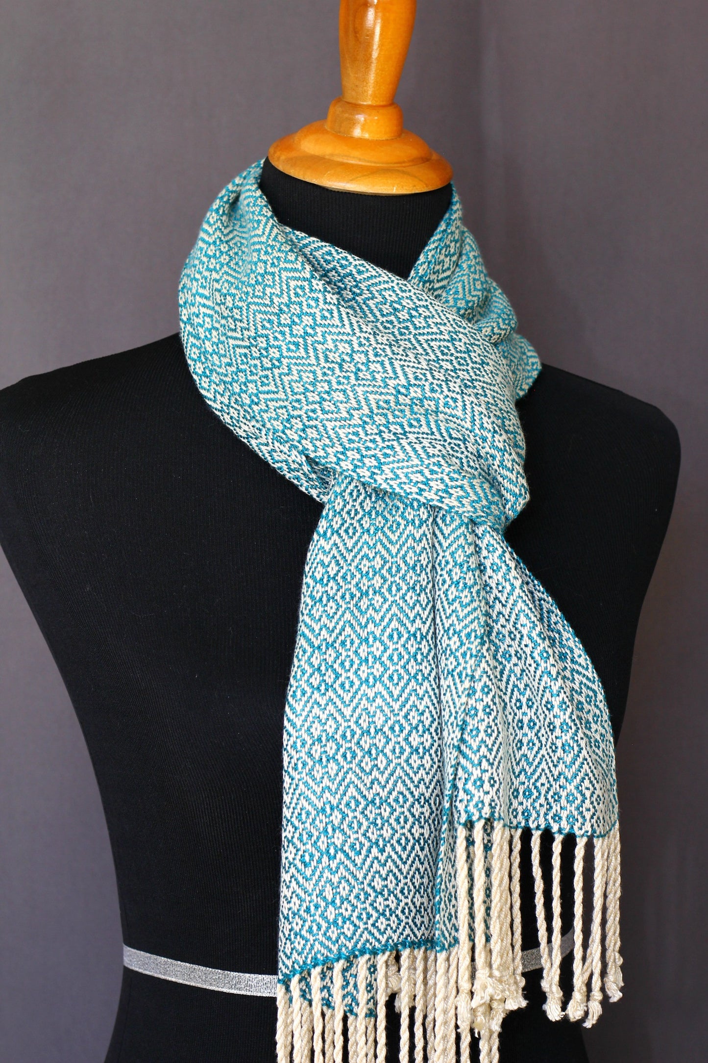 Woven scarf in teal and cream colors, bamboo scarf, summer scarf, long scarf with fringe