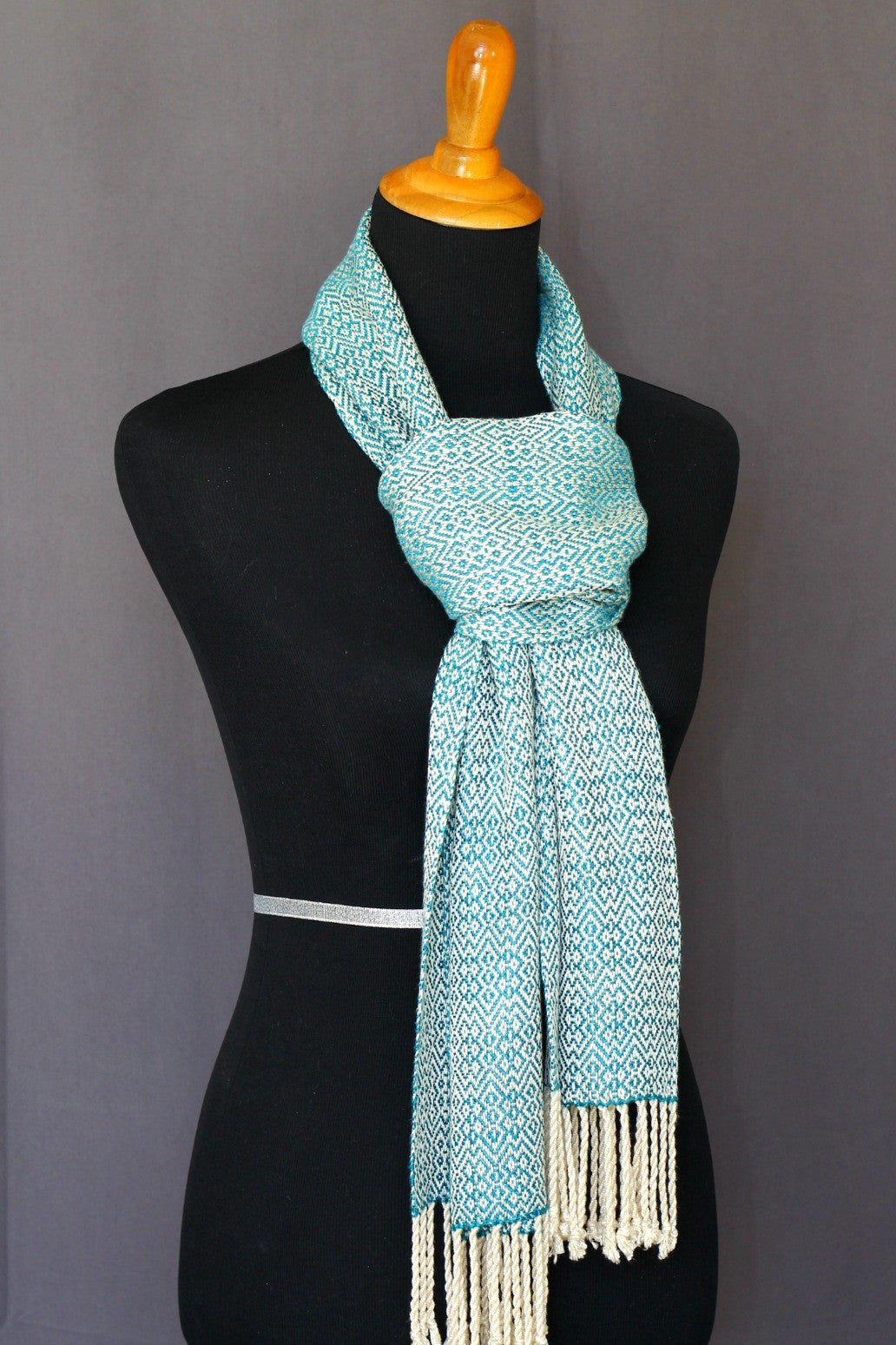 Woven scarf in teal and cream colors, bamboo scarf, summer scarf, long scarf with fringe