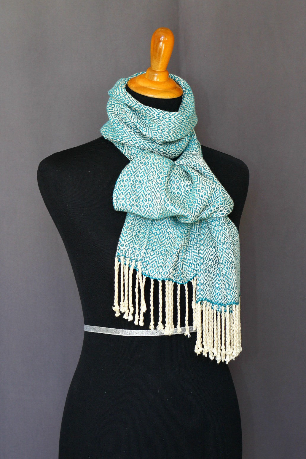 Woven scarf in teal and cream colors, bamboo scarf, summer scarf, long scarf with fringe