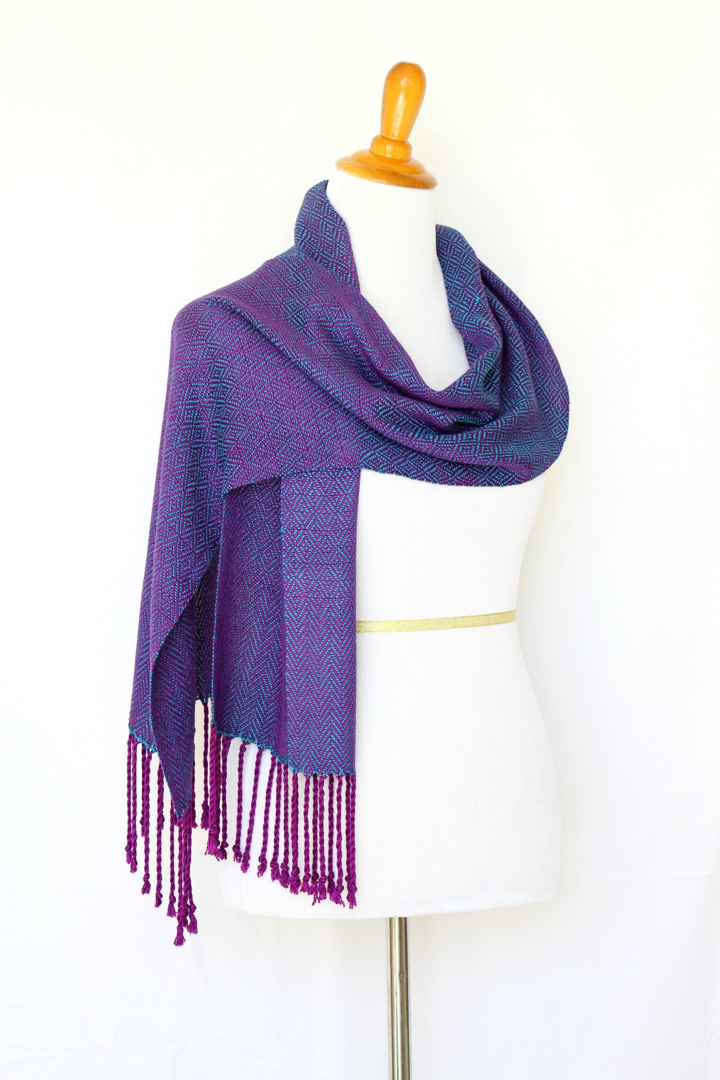 Woven scarf in teal and purple colors, bamboo scarf, summer scarf, long scarf with fringe