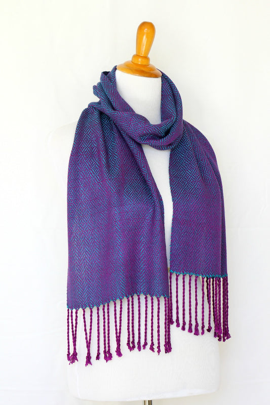 Woven scarf in teal and purple colors, bamboo scarf, summer scarf, long scarf with fringe