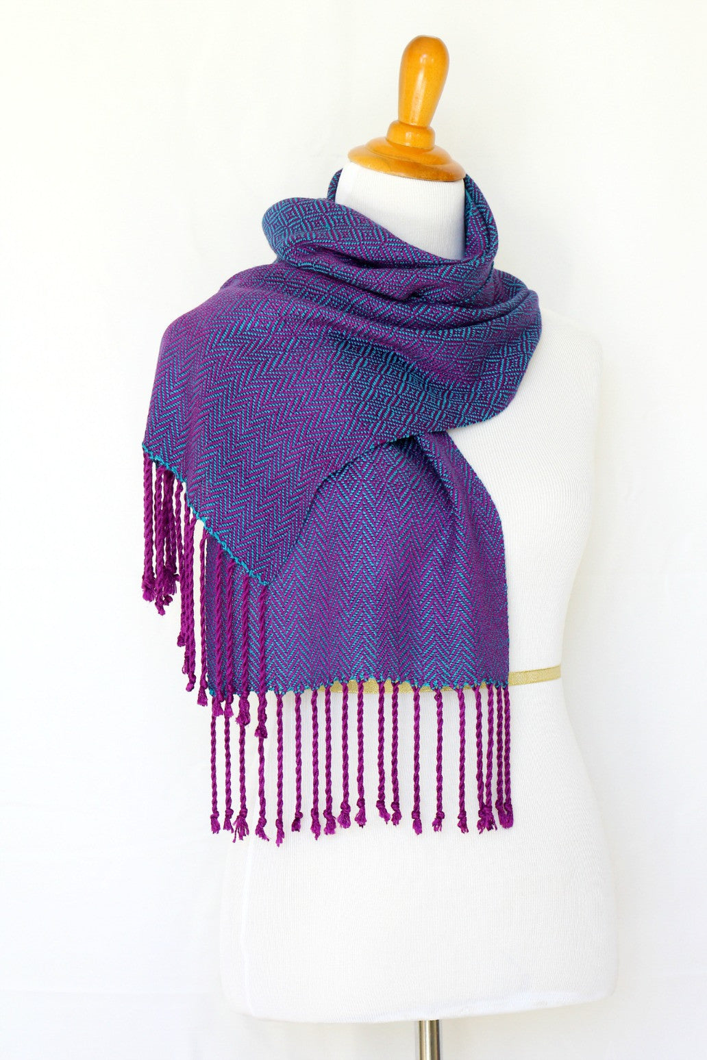 Woven scarf in teal and purple colors, bamboo scarf, summer scarf, long scarf with fringe