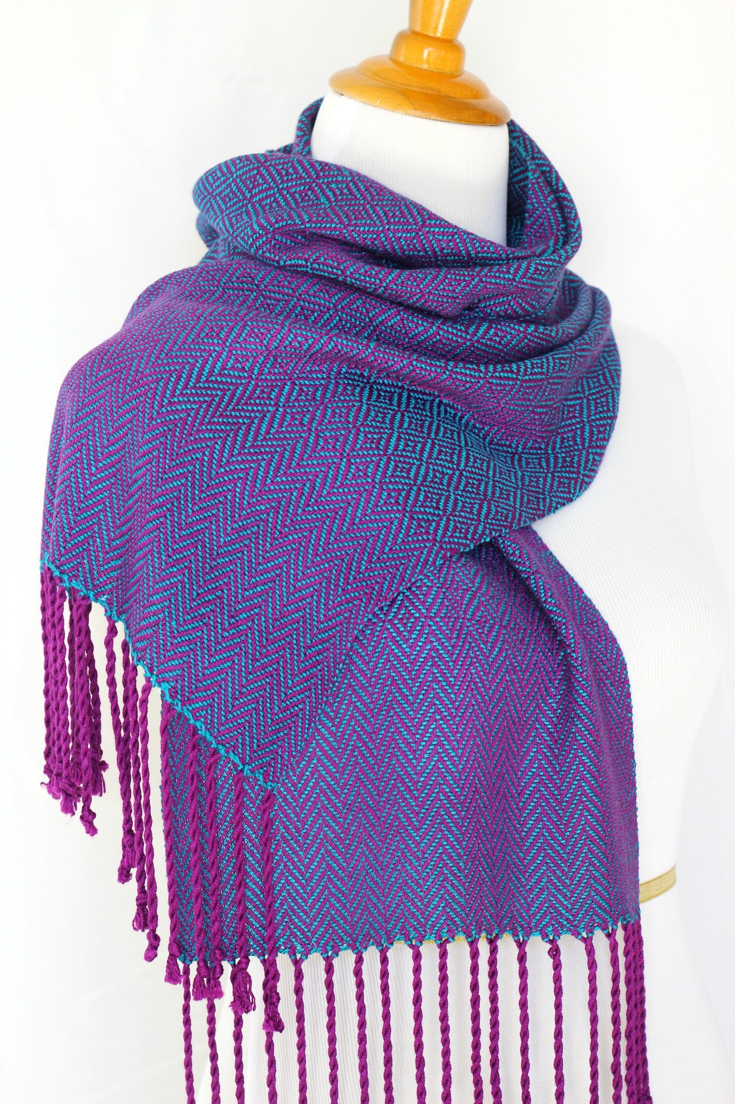 Woven scarf in teal and purple colors, bamboo scarf, summer scarf, long scarf with fringe