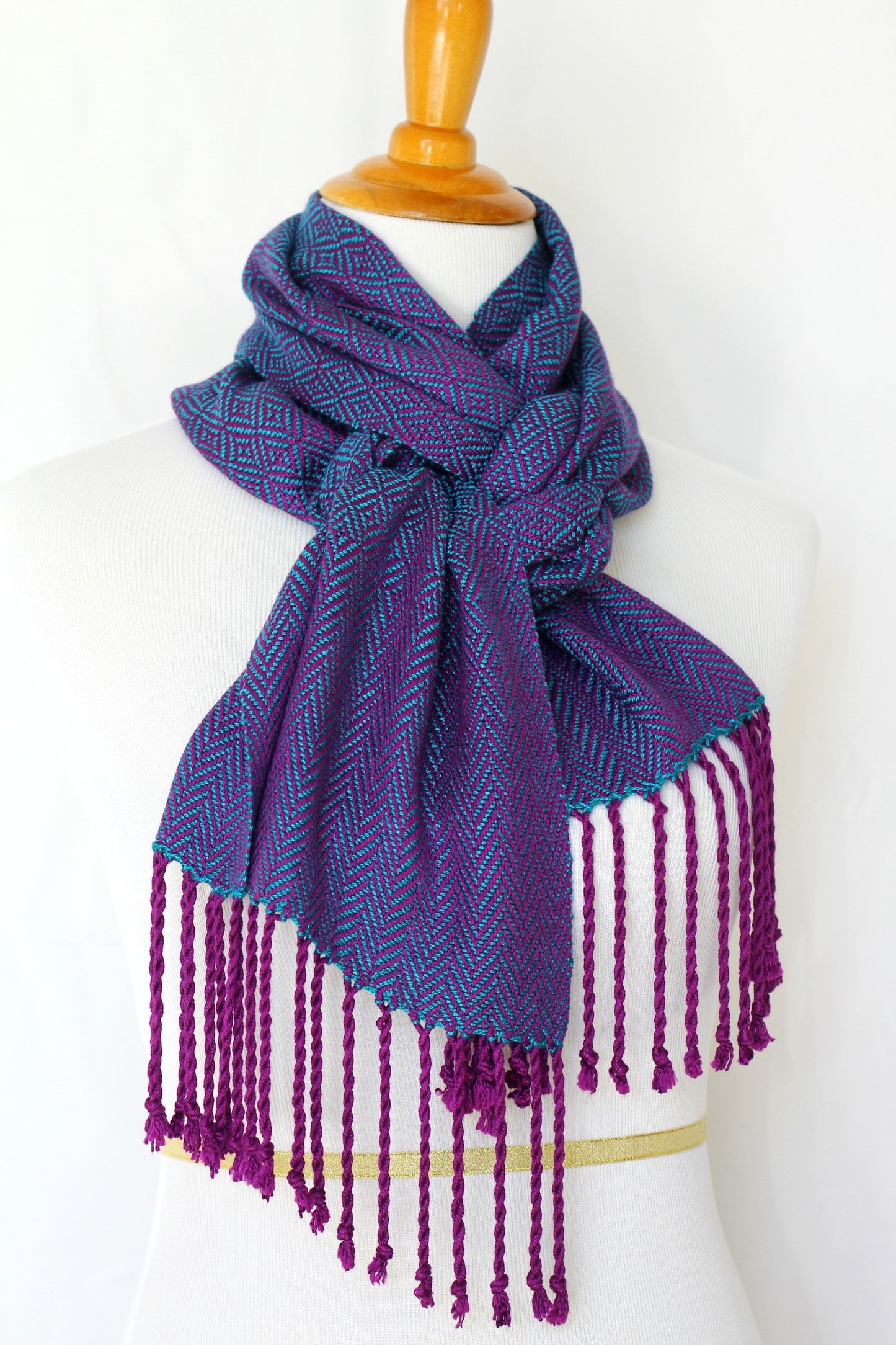 Woven scarf in teal and purple colors, bamboo scarf, summer scarf, long scarf with fringe