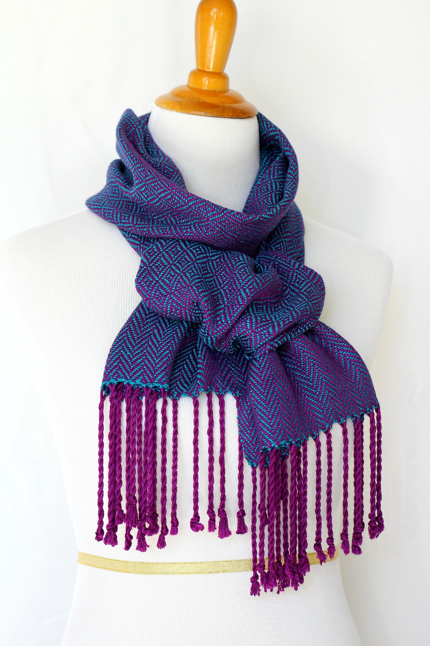 Woven scarf in teal and purple colors, bamboo scarf, summer scarf, long scarf with fringe