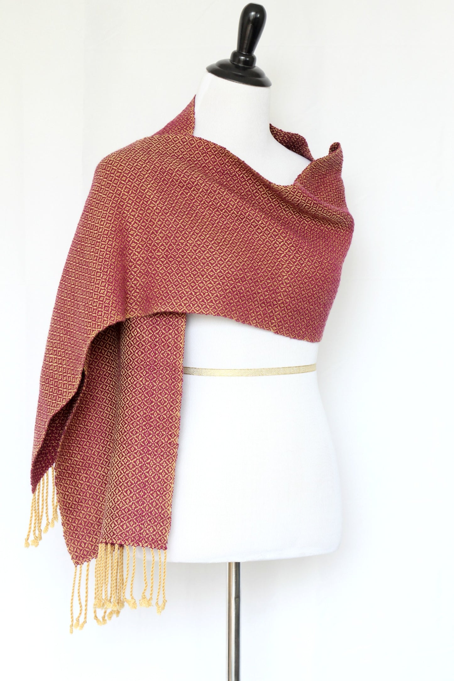 Woven scarf in mustard and purple colors in merino wool and tencel