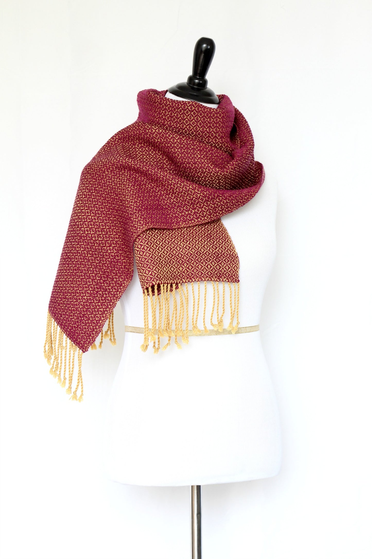 Woven scarf in mustard and purple colors in merino wool and tencel